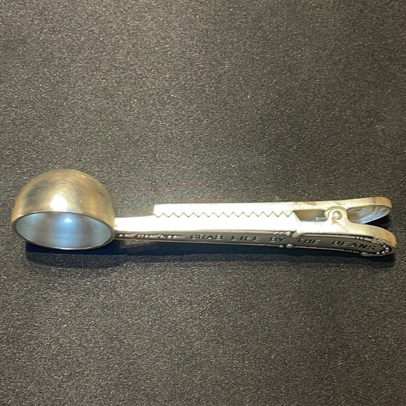 Stamped silverplate coffee scoop features "GRAB LIFE BY THE BEANS" sentiment - Picture 3 of 6